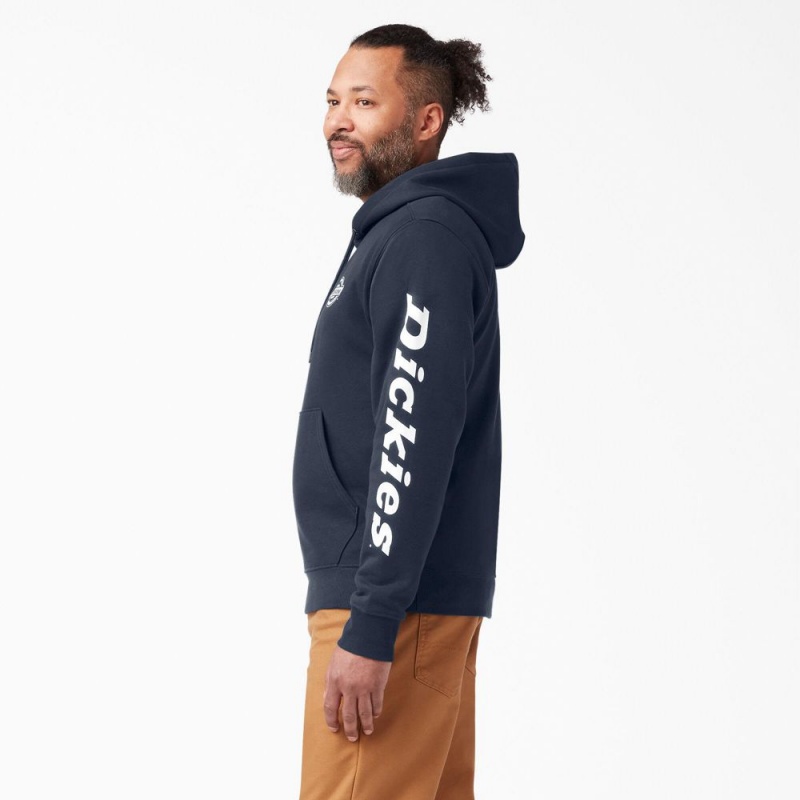 Navy Men's Dickies Logo Sleeve Fleece Hoodie | EUI824071