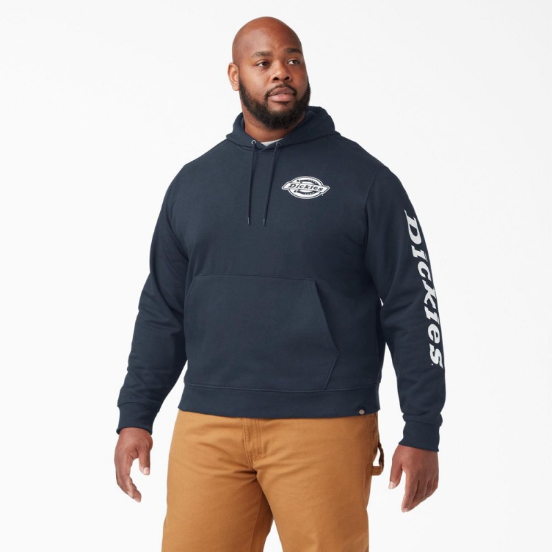 Navy Men's Dickies Logo Sleeve Fleece Hoodie | EUI824071