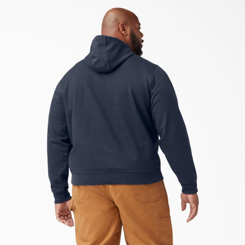 Navy Men's Dickies Logo Sleeve Fleece Hoodie | EUI824071