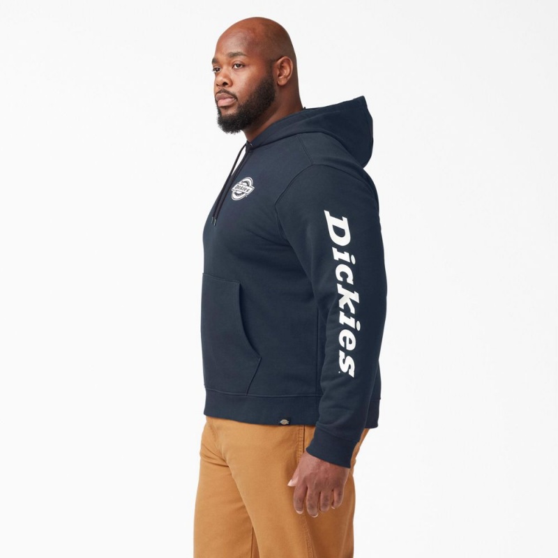 Navy Men's Dickies Logo Sleeve Fleece Hoodie | EUI824071