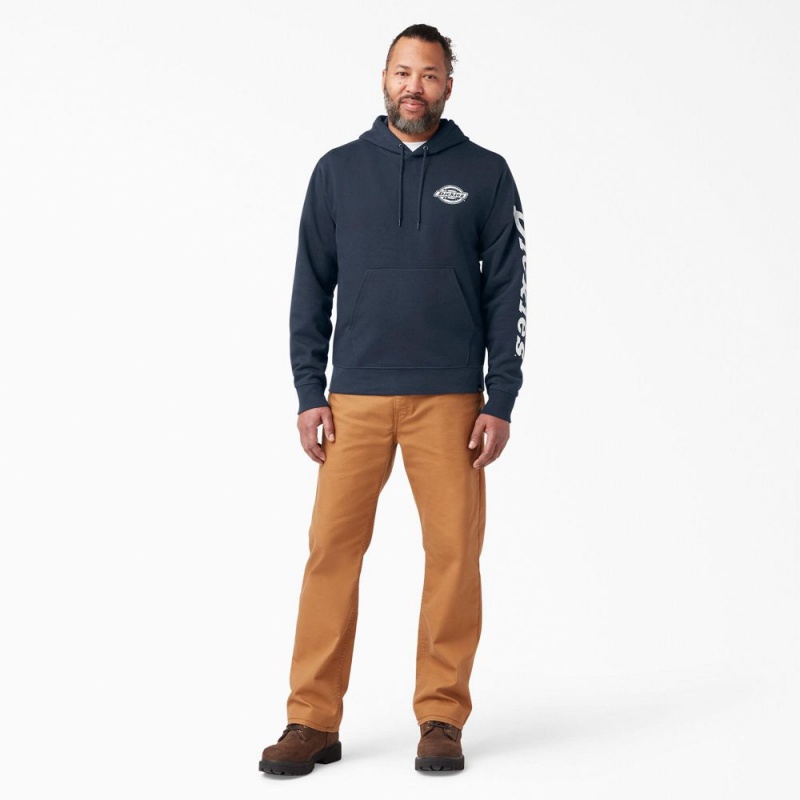 Navy Men's Dickies Logo Sleeve Fleece Hoodie | EUI824071