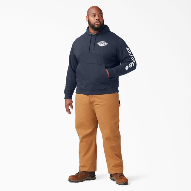 Navy Men's Dickies Logo Sleeve Fleece Hoodie | EUI824071