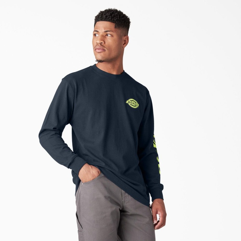 Navy Men's Dickies Long Sleeve Heavyweight Logo T-Shirt | NZW928630