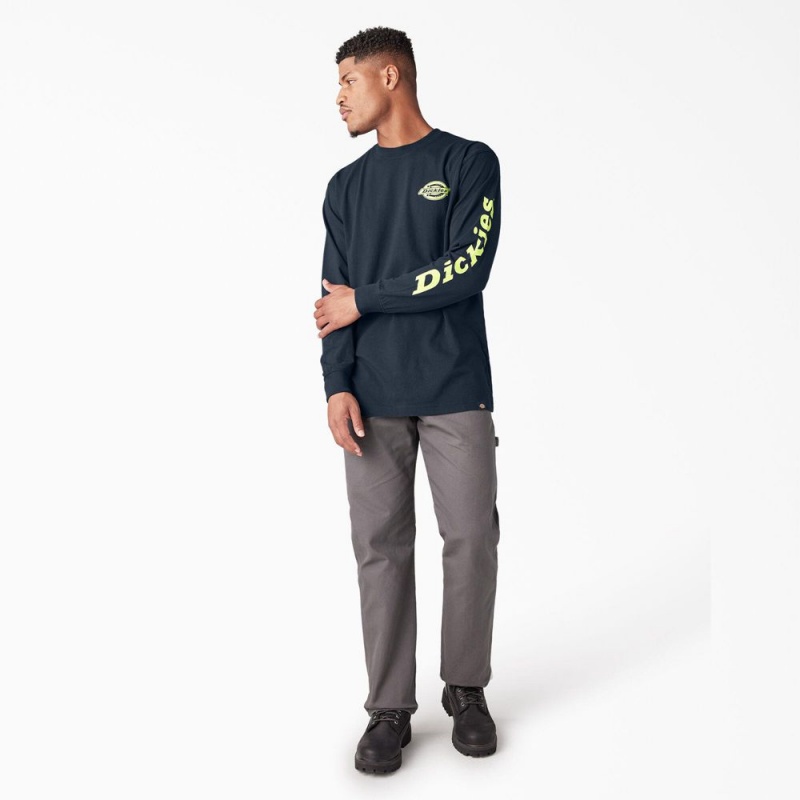 Navy Men's Dickies Long Sleeve Heavyweight Logo T-Shirt | NZW928630