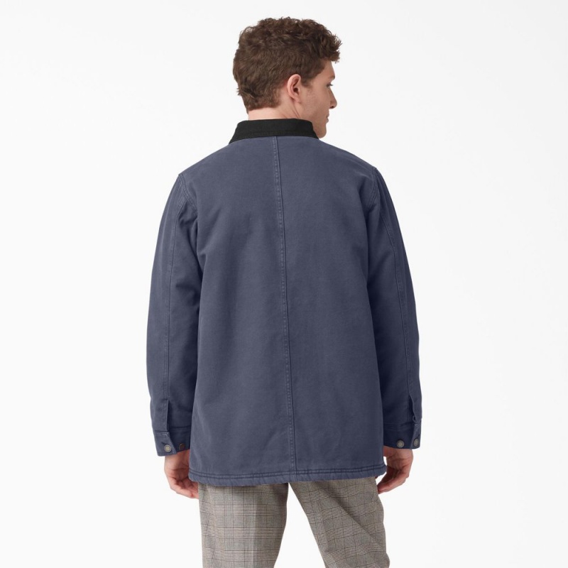 Navy Men's Dickies Stonewashed Duck Lined Chore Jacket | QOX091356