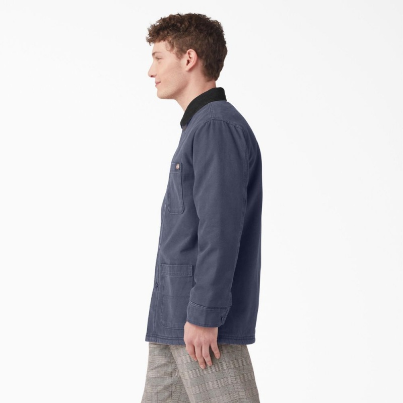 Navy Men's Dickies Stonewashed Duck Lined Chore Jacket | QOX091356