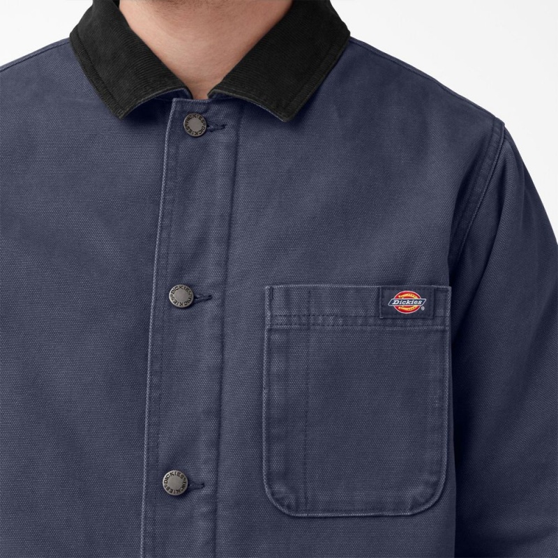 Navy Men's Dickies Stonewashed Duck Lined Chore Jacket | QOX091356