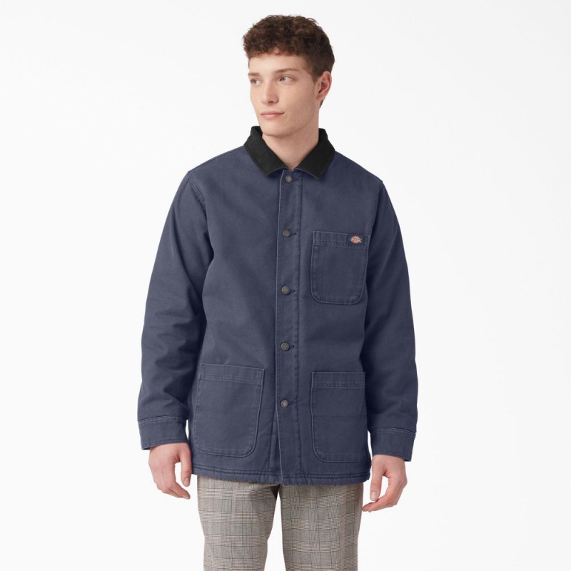 Navy Men\'s Dickies Stonewashed Duck Lined Chore Jacket | QOX091356