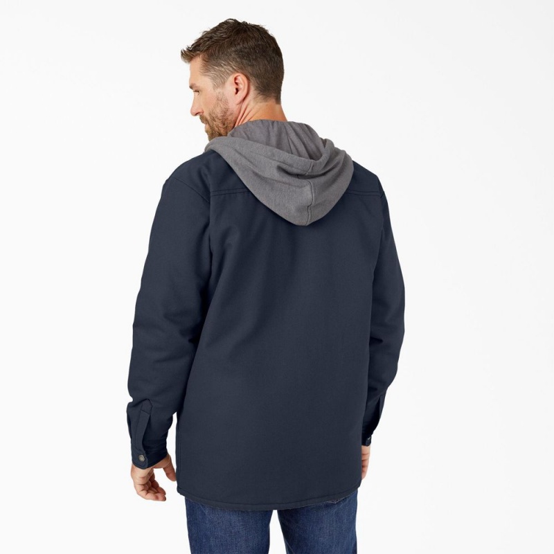 Navy Men's Dickies Water Repellent Duck Hooded Shirt Jacket | HON174826