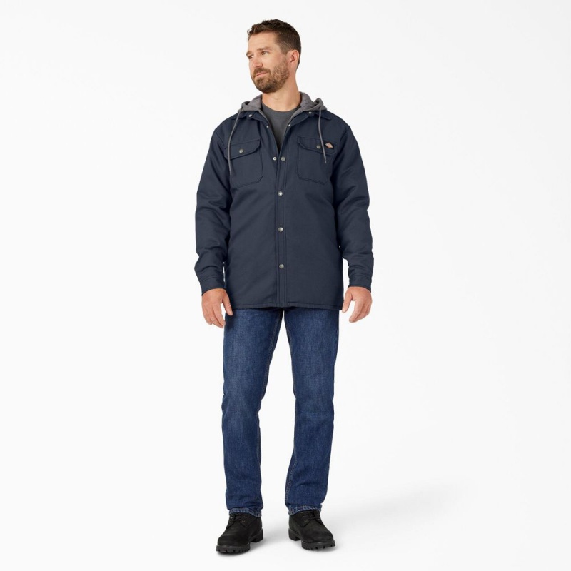 Navy Men's Dickies Water Repellent Duck Hooded Shirt Jacket | HON174826