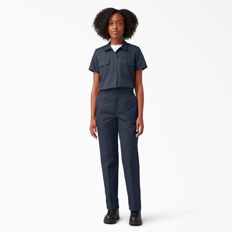 Navy Women's Dickies 574 Original Work Shirts | BPD431096