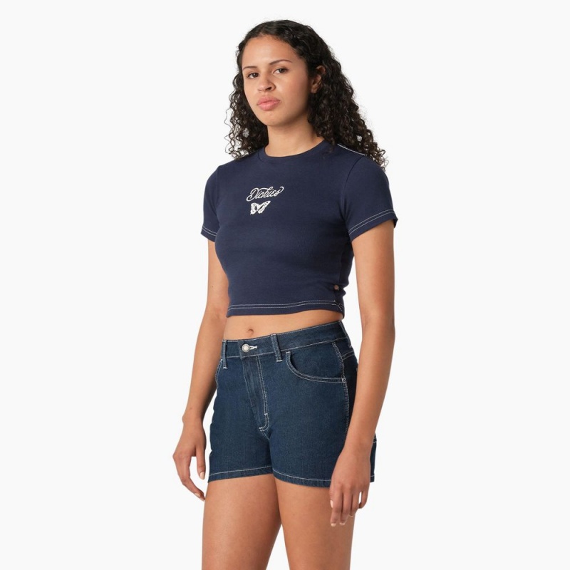 Navy Women's Dickies Butterfly Graphic Cropped Baby T-Shirt | SKX130496