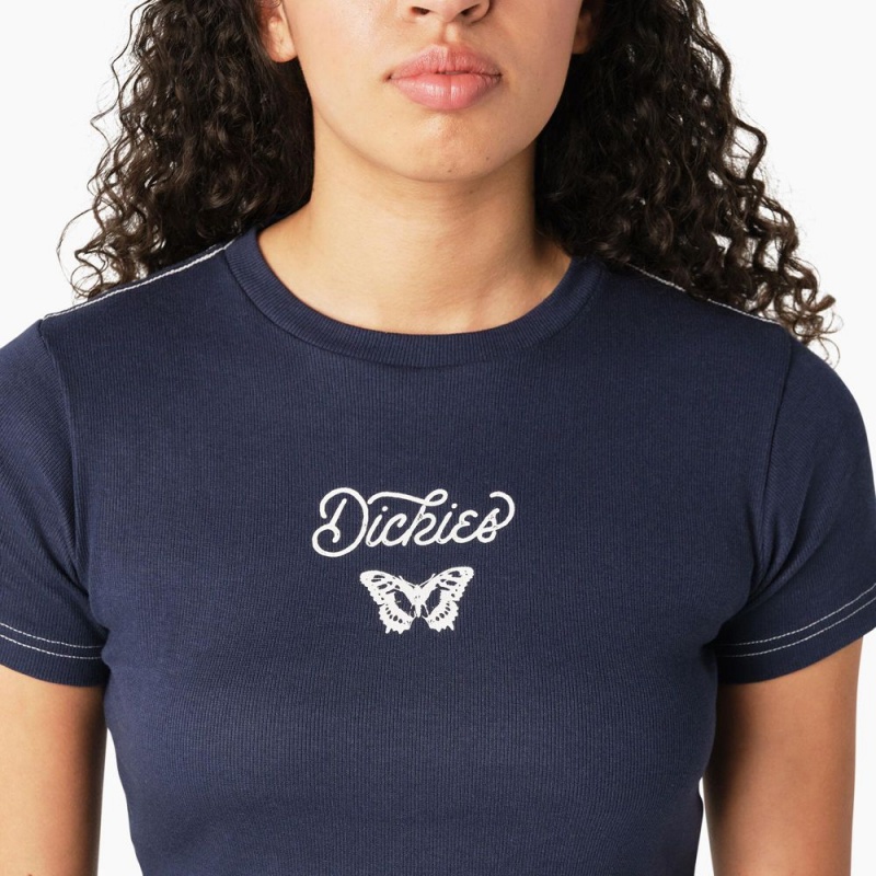 Navy Women's Dickies Butterfly Graphic Cropped Baby T-Shirt | SKX130496