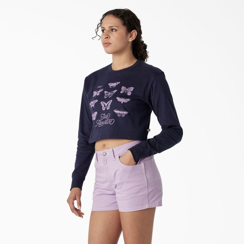 Navy Women's Dickies Butterfly Graphic Long Sleeve Cropped T-Shirt | TUM865491