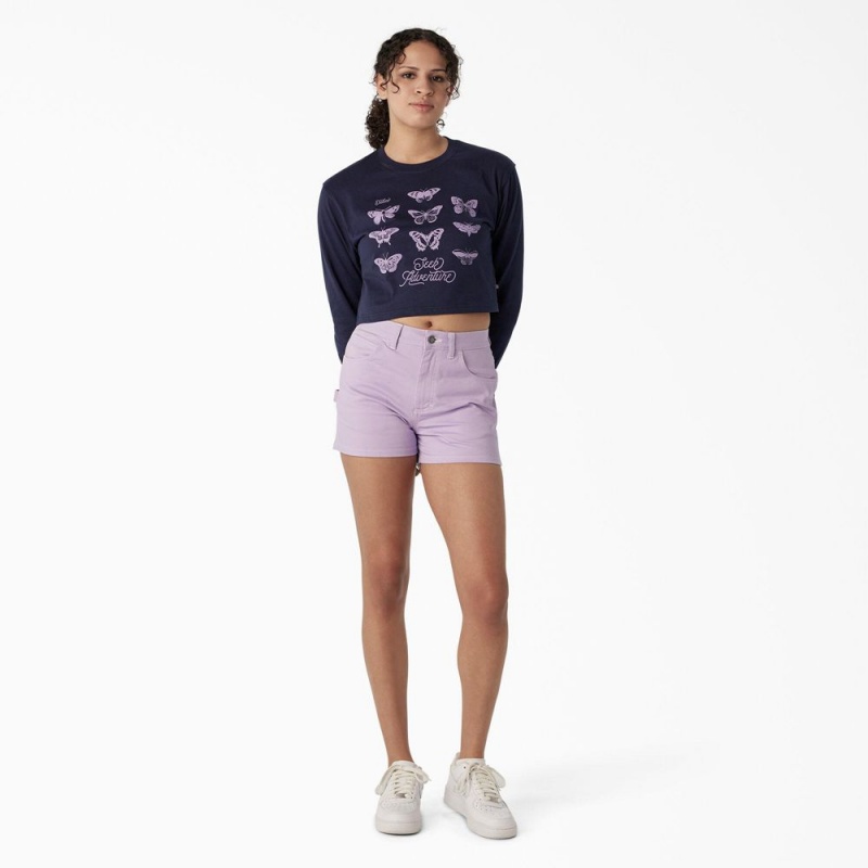 Navy Women's Dickies Butterfly Graphic Long Sleeve Cropped T-Shirt | TUM865491