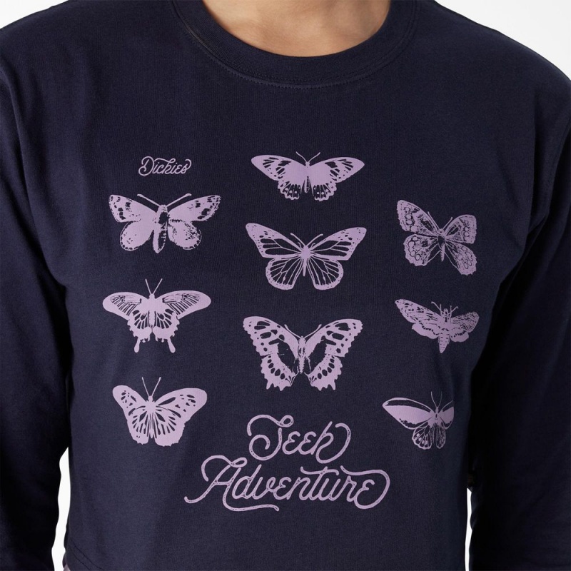 Navy Women's Dickies Butterfly Graphic Long Sleeve Cropped T-Shirt | TUM865491