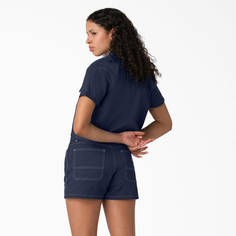 Navy Women's Dickies Cropped Work Shirts | MOG390472