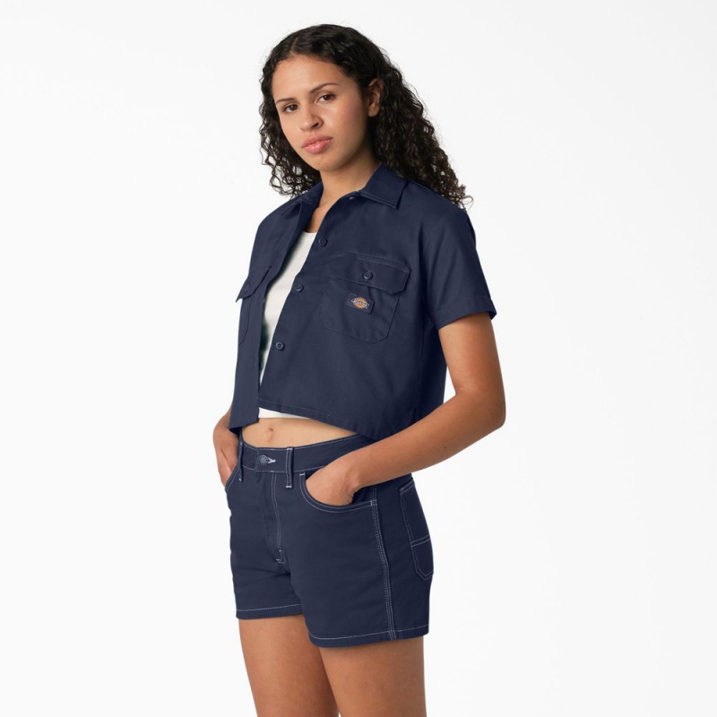 Navy Women's Dickies Cropped Work Shirts | MOG390472