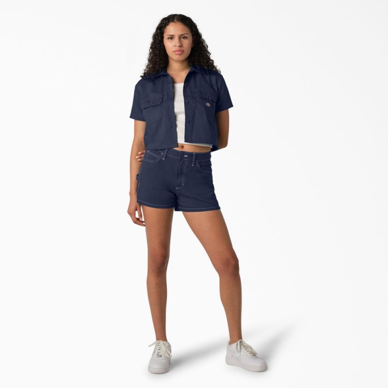 Navy Women's Dickies Cropped Work Shirts | MOG390472