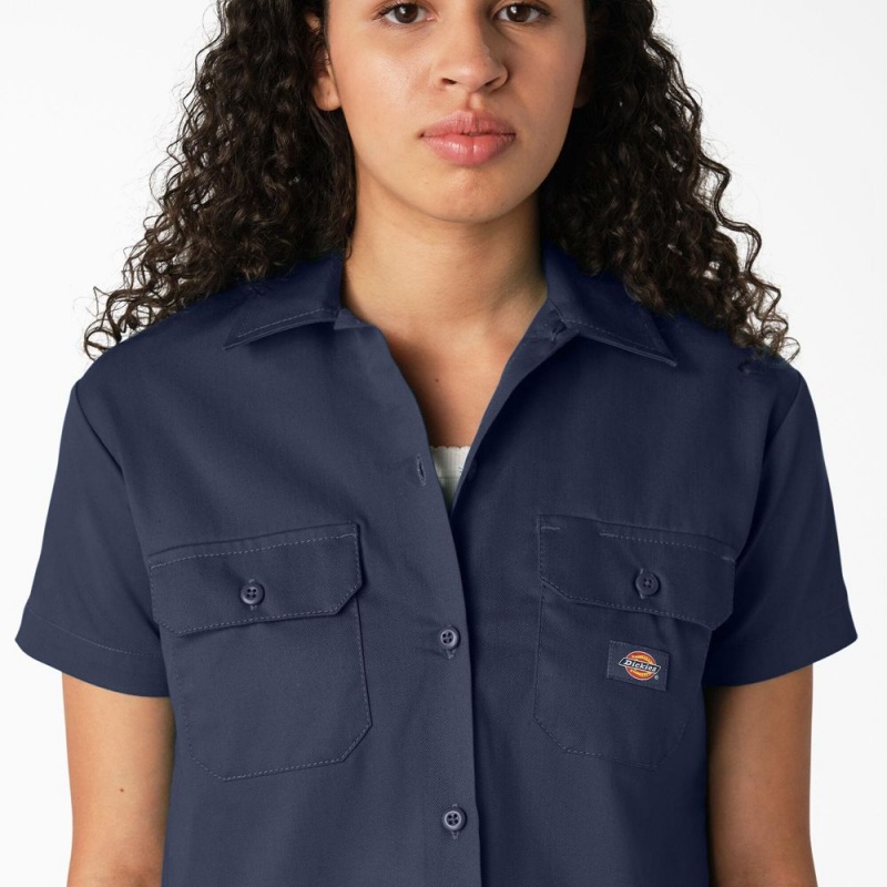 Navy Women's Dickies Cropped Work Shirts | MOG390472