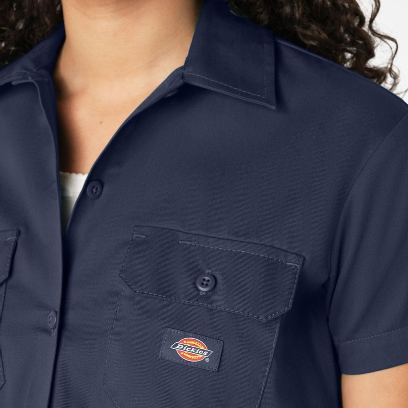 Navy Women's Dickies Cropped Work Shirts | MOG390472