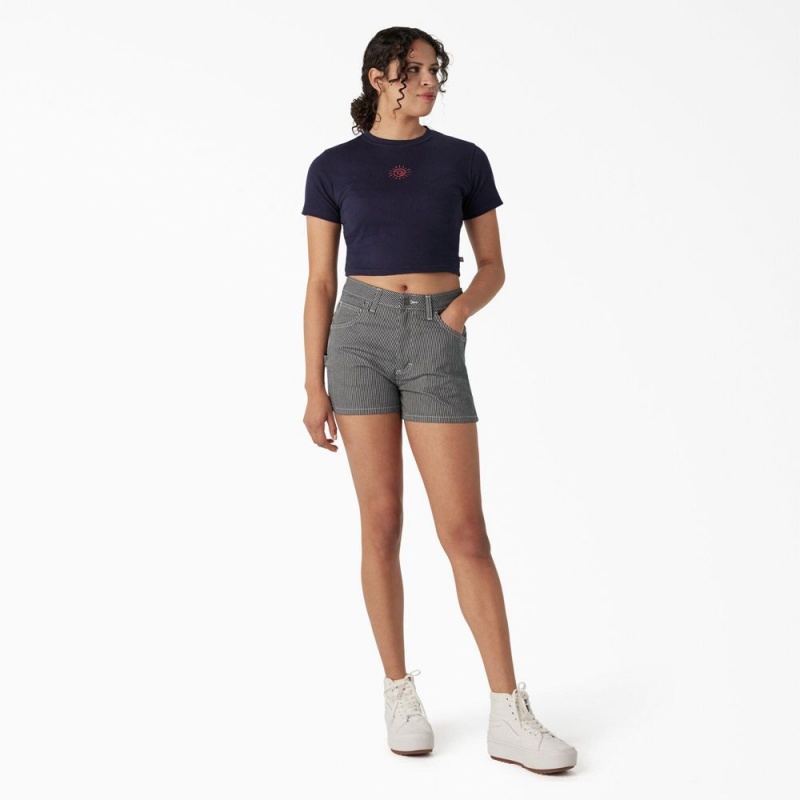 Navy Women's Dickies Embroidered Cropped Baby T-Shirt | MPA489635