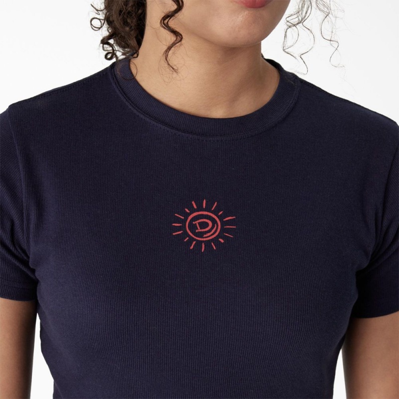 Navy Women's Dickies Embroidered Cropped Baby T-Shirt | MPA489635