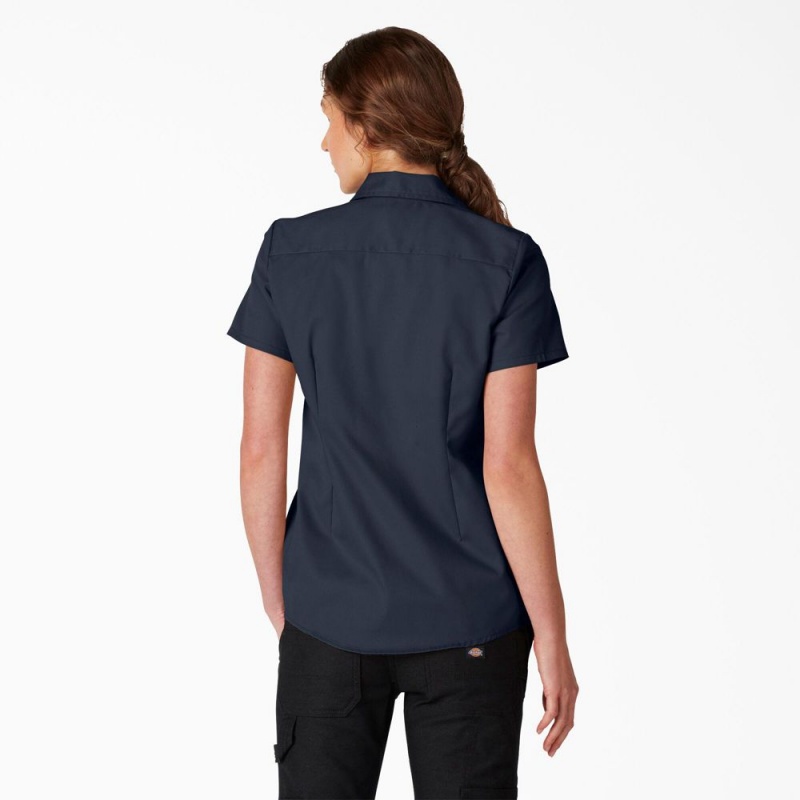 Navy Women's Dickies FLEX Short Sleeve Work Shirts | TPX160742