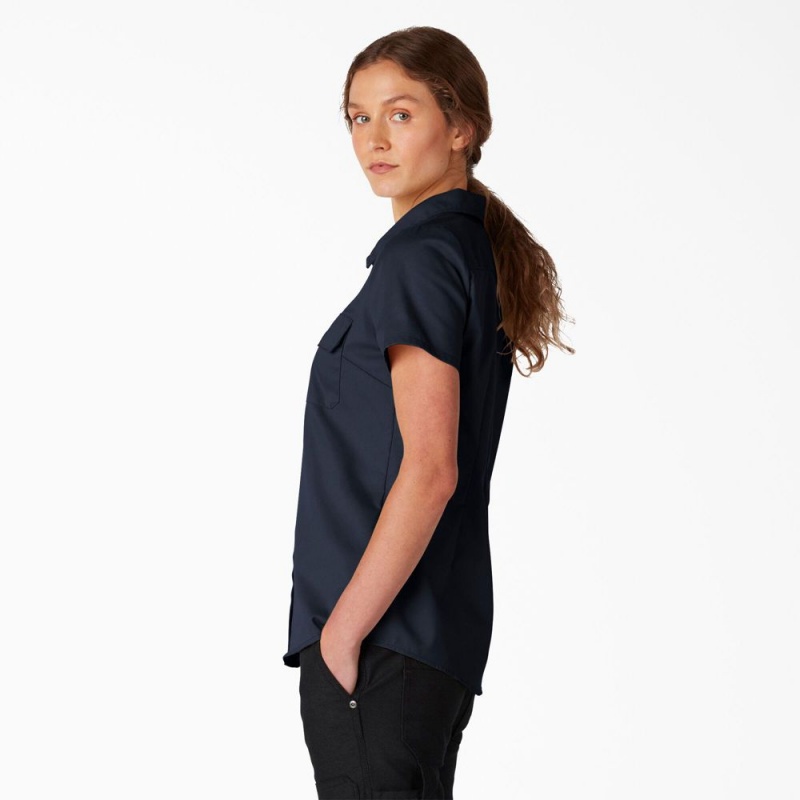 Navy Women's Dickies FLEX Short Sleeve Work Shirts | TPX160742