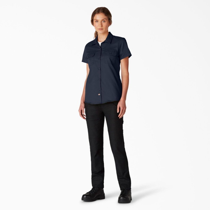 Navy Women's Dickies FLEX Short Sleeve Work Shirts | TPX160742