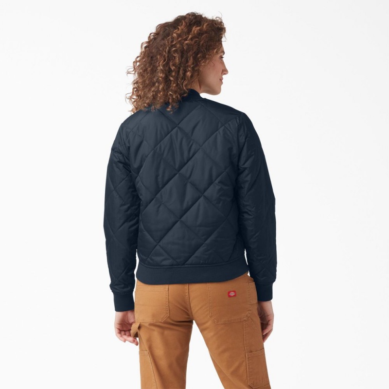 Navy Women's Dickies Quilted Bomber Jacket | WKU371459