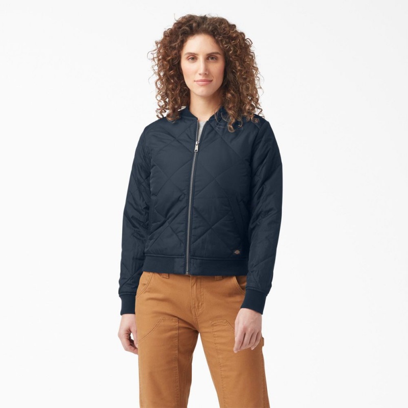 Navy Women\'s Dickies Quilted Bomber Jacket | WKU371459