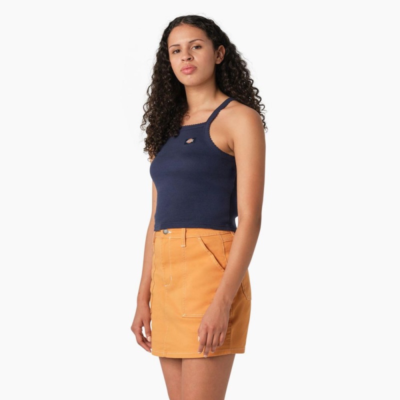 Navy Women's Dickies Rib Knit Cropped Tank Top | EOD523794