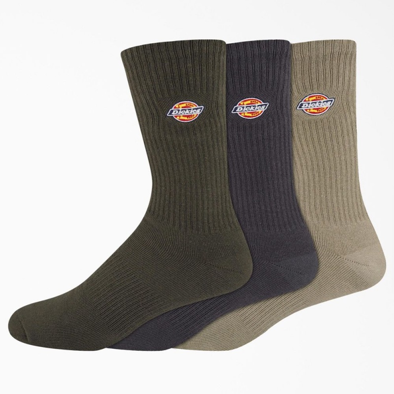 Olive Men\'s Dickies Embroidered Crew 3-Pack Socks | MUS012789