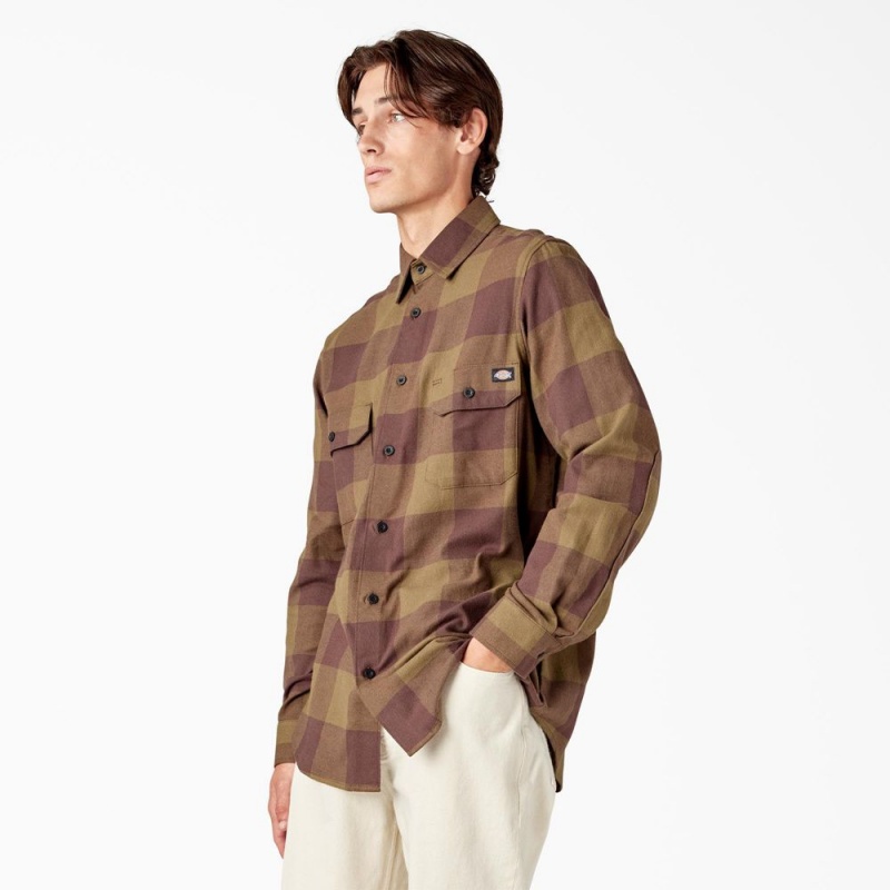 Olive Men's Dickies Long Sleeve Flannel Shirt | UTC794281