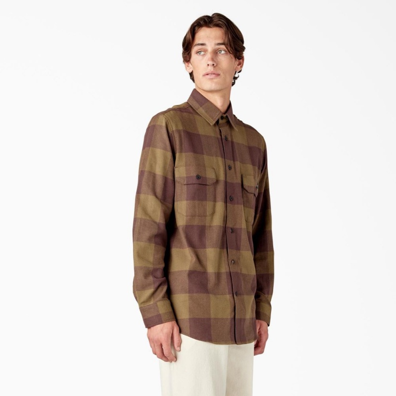 Olive Men's Dickies Long Sleeve Flannel Shirt | UTC794281