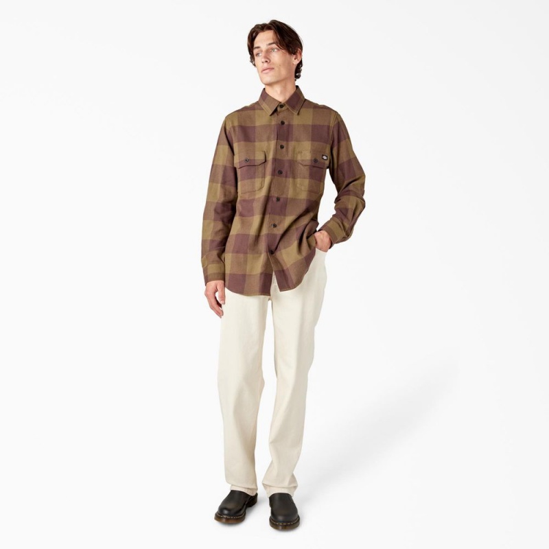 Olive Men's Dickies Long Sleeve Flannel Shirt | UTC794281