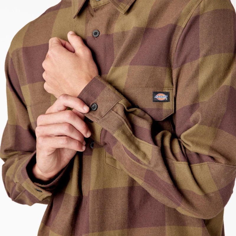 Olive Men's Dickies Long Sleeve Flannel Shirt | UTC794281