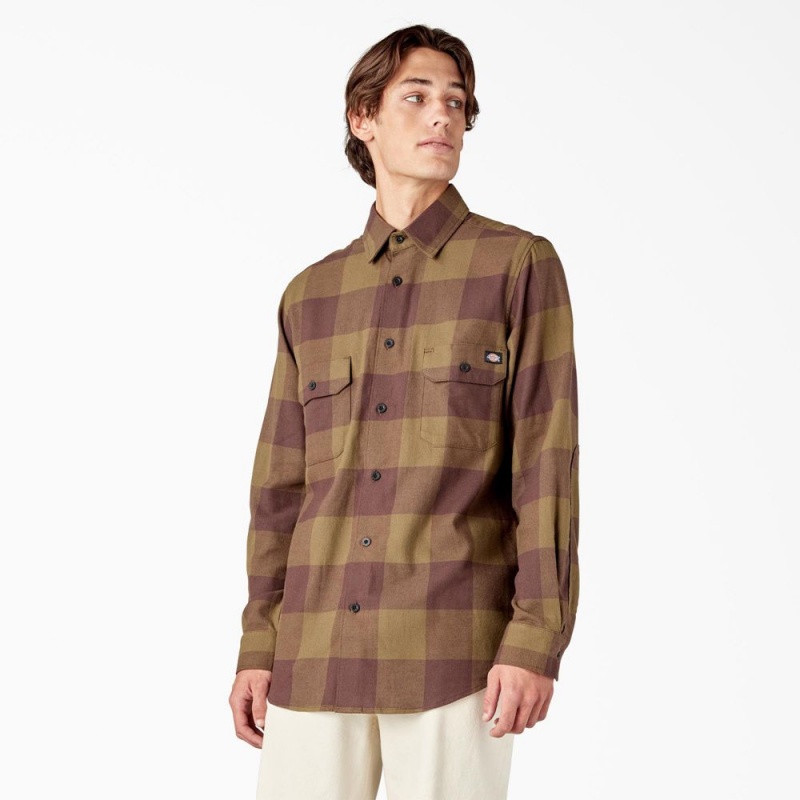 Olive Men\'s Dickies Long Sleeve Flannel Shirt | UTC794281