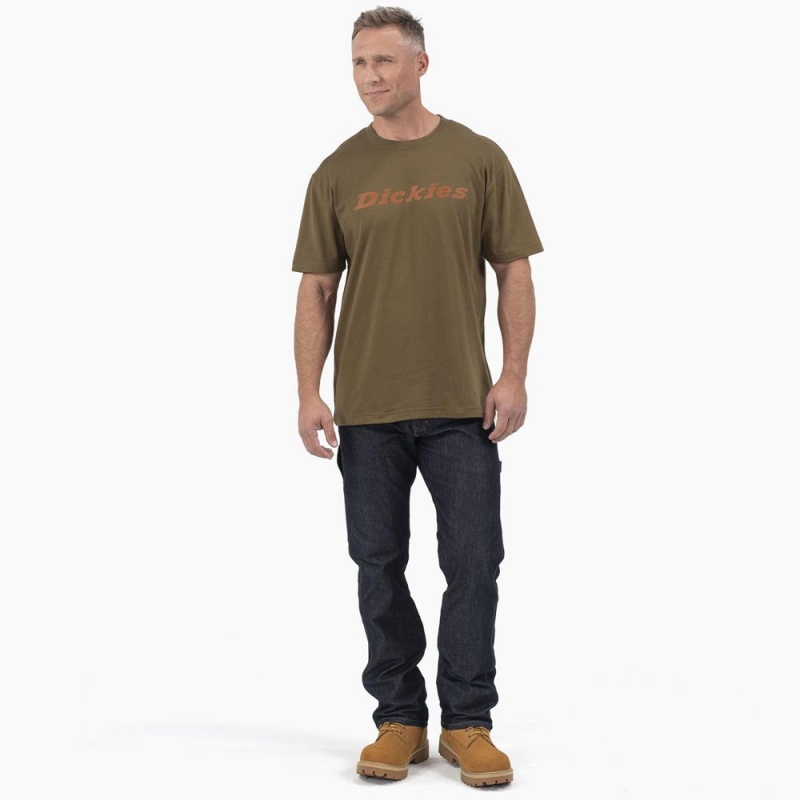 Olive Men's Dickies Short Sleeve Wordmark Graphic T-Shirt | RJX089764