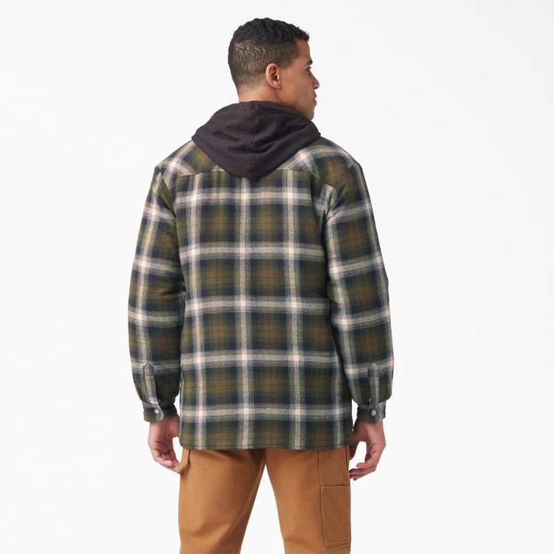 Olive Men's Dickies Water Repellent Flannel Hooded Shirt Jacket | JGS586307