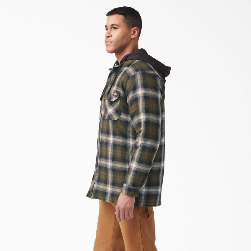 Olive Men's Dickies Water Repellent Flannel Hooded Shirt Jacket | JGS586307