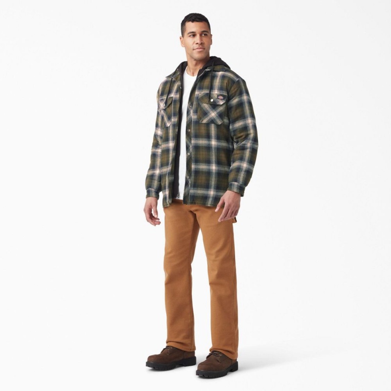 Olive Men's Dickies Water Repellent Flannel Hooded Shirt Jacket | JGS586307