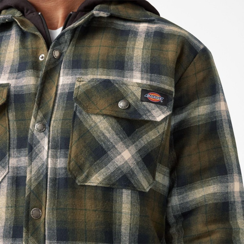 Olive Men's Dickies Water Repellent Flannel Hooded Shirt Jacket | JGS586307