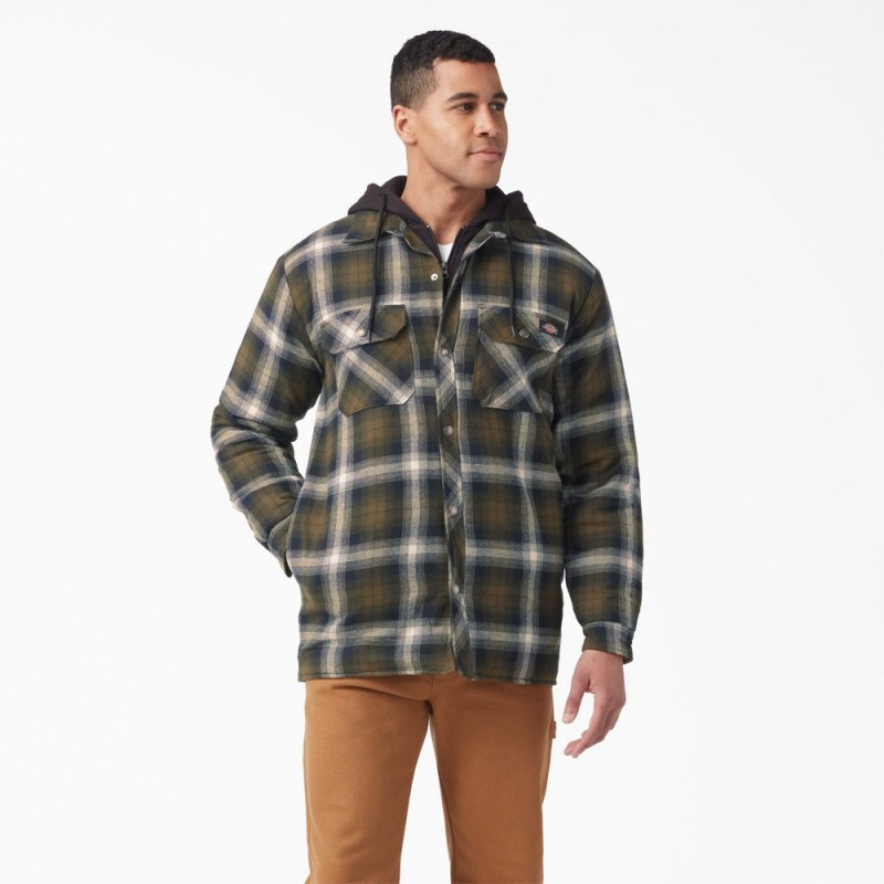 Olive Men\'s Dickies Water Repellent Flannel Hooded Shirt Jacket | JGS586307