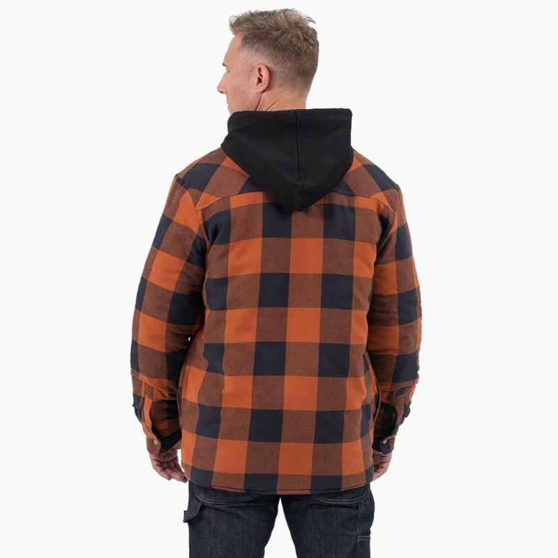 Orange Men's Dickies Flannel Hooded Shirt Jacket | XFK137084