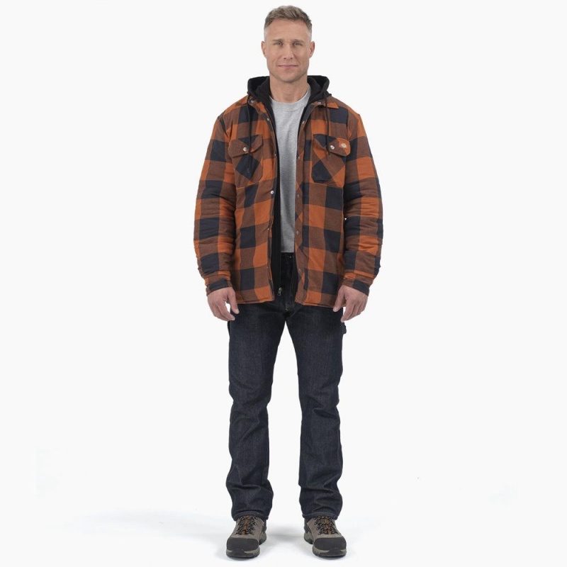 Orange Men's Dickies Flannel Hooded Shirt Jacket | XFK137084