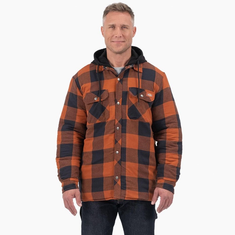 Orange Men\'s Dickies Flannel Hooded Shirt Jacket | XFK137084