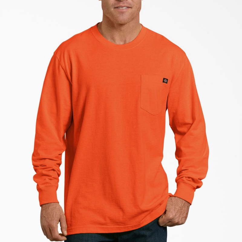 Orange Men\'s Dickies Heavyweight Neon Long Sleeve Pocket T-Shirt | XTL145796