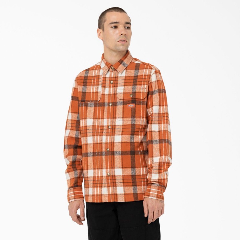 Orange Men\'s Dickies Nimmons Plaid Long Sleeve Shirt | CJN596783